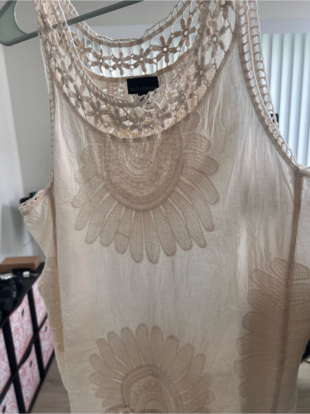 Coco + Carmen Cream Crochet Yoke Floral Embroidered Tank